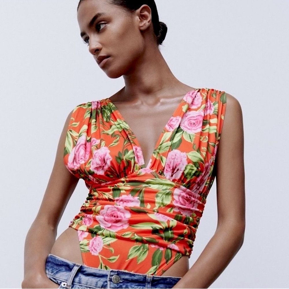 ZARA Bodysuit Multicolor Draped Floral Leotard Size S • NEW WITHOUT TAGS